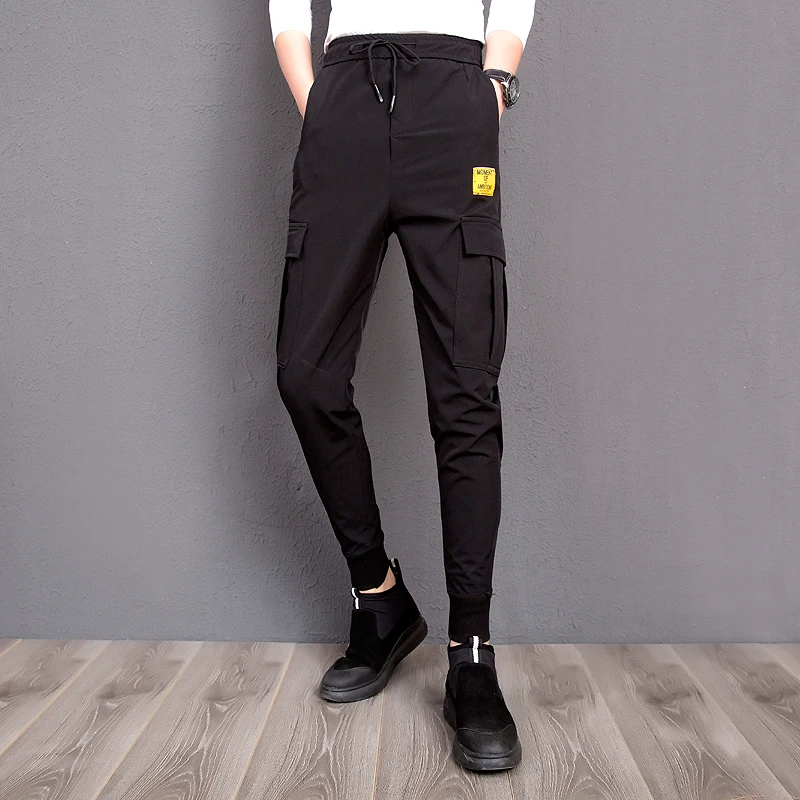 2019 Новый Для мужчин брюки Slim Fit боковые карманы патч черные Мужской Повседневное
