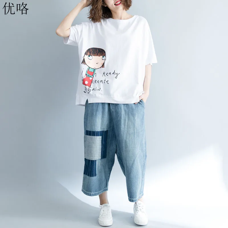 

2019 Summer Women Cotton Linen T Shirt Plus Size Kawaii Cartoon Print Girl Batwing Tee Shirt Big Size White Cute Tshirts 4XL 5XL