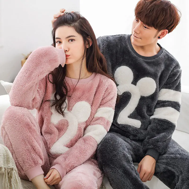 

warm couples autumn Home Clothing Coral Fleece Pjamas women man Flannel Pajamas Sets winter Nightwear Suit loose comfortable