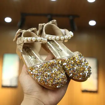 

Silver Pink Kids Toddler Pearl Children Girls Wedding Party Dress Princess Leather Shoes With Sequins Girls Dance Shoes New