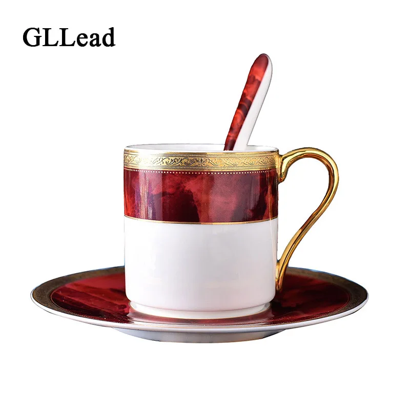 

GLLead New Style Bone China Coffee Cup Saucer Set Flower Tea Cups Office Milk Teacup Porcelain Holiday Gift