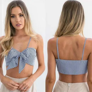 

Women Fashion Summer Slim Deep V-neck Bow Striped Sleeveless Sexy Tank Top Wrapped Chest Camis Crop Top Female T-shirt Crop Top