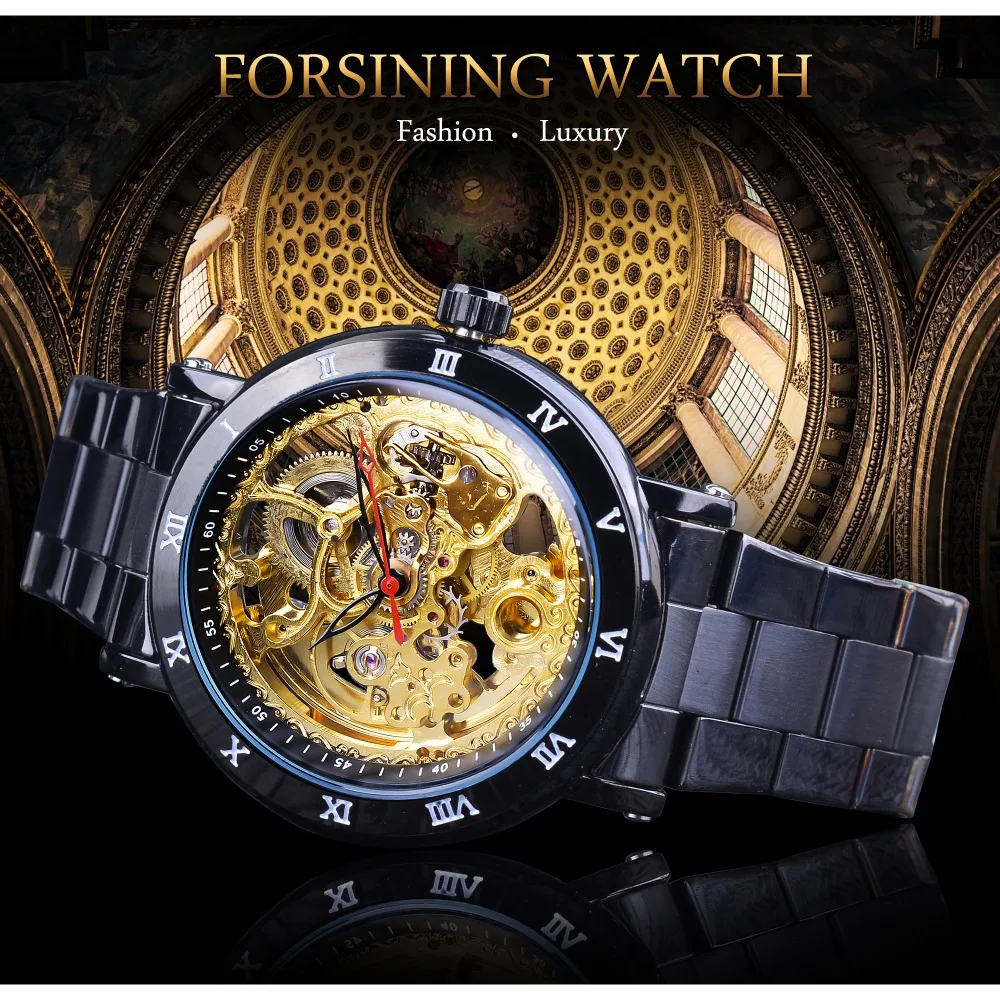 Forsining Retro Royal Flower Golden Skeleton Clock Red Black Pointers Stainless Steel Mens Automatic Watch Top Brand Luxury