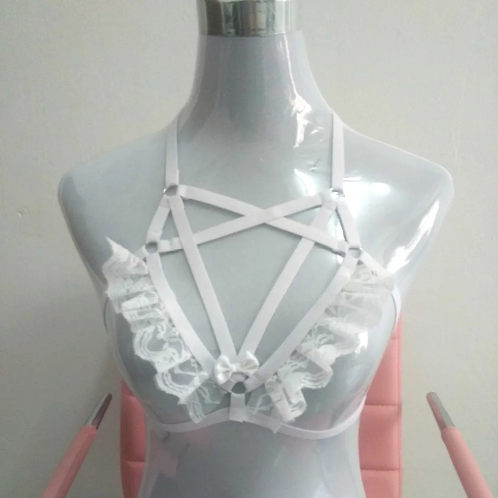  New fashion pastel goth elastic lace garter belt gothic bust bondage bra fetish wear Binding sexy l