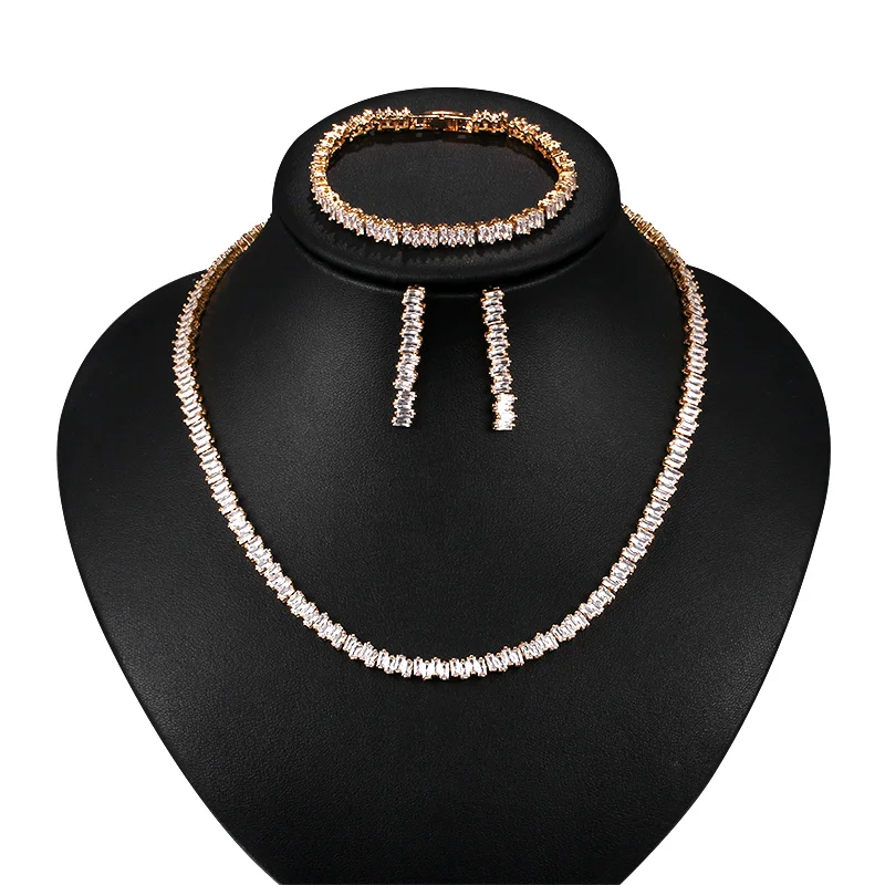 

baiduqiandu Wedding Jewelry Sets Romantic Geometric Design Square Cubic Zircon Necklace Bracelet Earring Bridal Party Gift