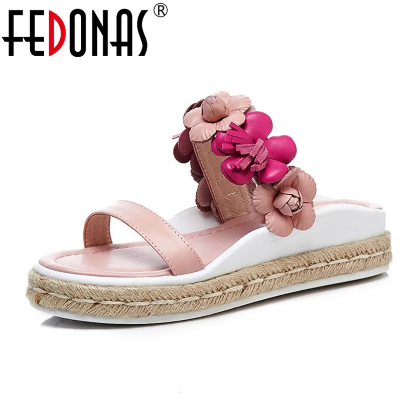 

FEDONAS 2018 Women Genuine Leather Shoes Ladies Summer Slippers Shoes Woman High Heels Sandals Fashion Flowers Wedding Shoes