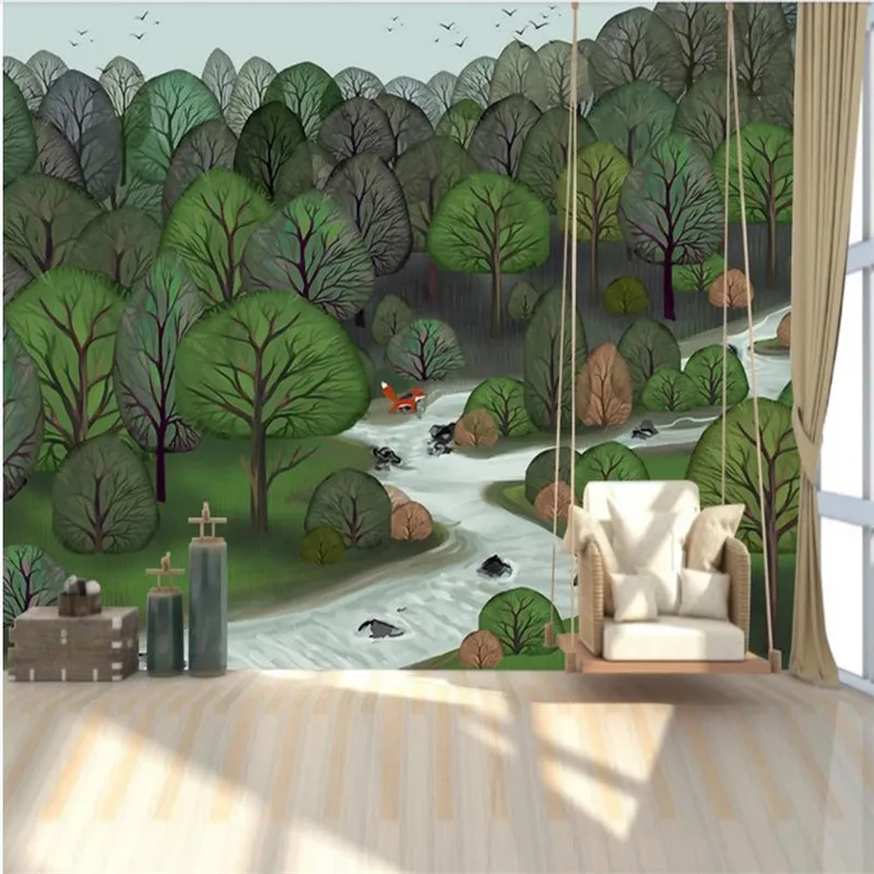 Customized 3d wallpaper cartoon forest creek elk background wall high-grade waterproof material Customized 3d wallpaper cartoon forest creek elk background wall high-grade waterproof material
