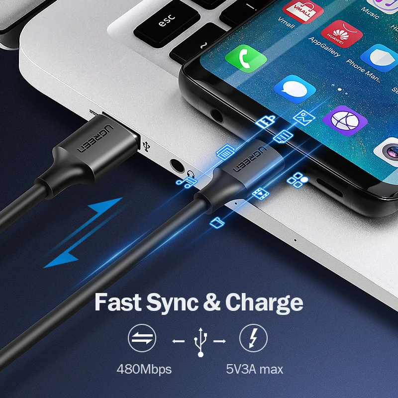 Ugreen USB نوع C كابل ل Xiaomi Redmi ملاحظة 7 mi9 USB C كابل لسامسونج S9 سريع شحن سلك USB-C كابل شاحن الهاتف المحمول