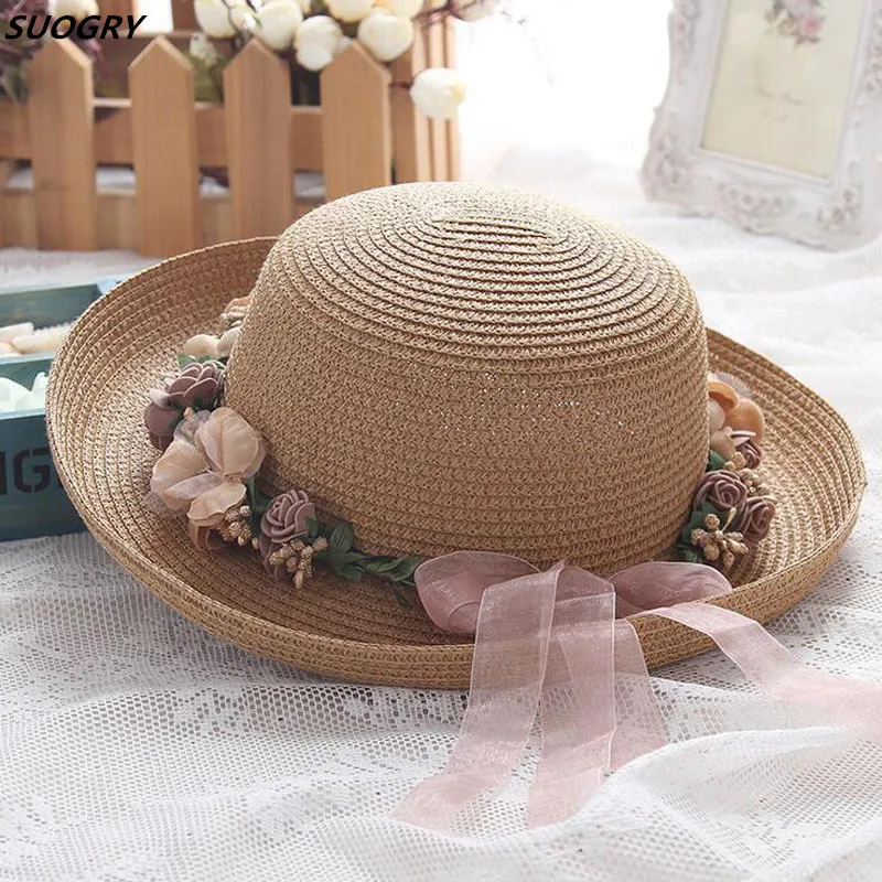 

Flower Sun Hat Ladies Elegant Stylish Beach Hat Fedora Womens Summer Spring Hawaiian Korean Style Bowknot Straw Hats