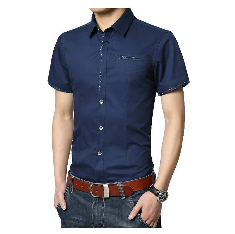 Мужские рубашки платья рубашки тонкий твердый с коротким рукавом для мужчин рубашки хлопок рубашка мужская повседневная брендовая одежда размер M-5XL - Цвет: dark blue