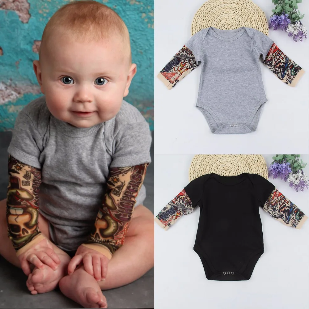 Крутой Модный комбинезон с рукавами-татуировками для маленьких мальчиков, боди, комплекты одежды для детей 0-24 месяцев