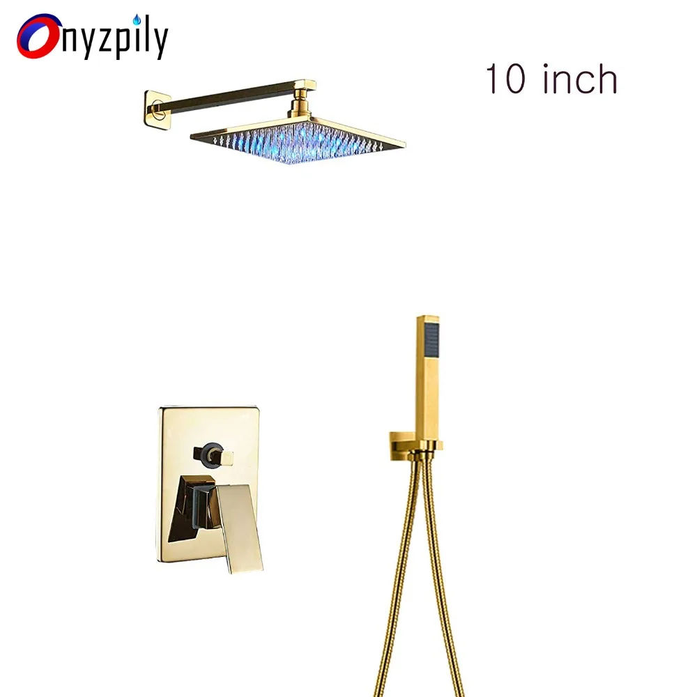 

Poilsh Golden Shower Tap System 10 inch LED Shower Head Wall Mount Shower Arm Hand Shower Cold and Hot Water Mixer Tap
