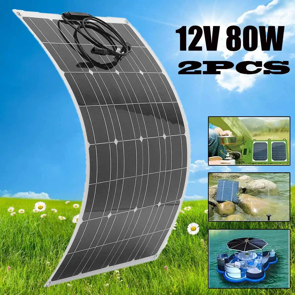 

2X EL-01 80W 12V Semi Flexible Monocrystalline Solar Panel Waterproof High Conversion Efficiency Solar Panel + 1.5m Cable