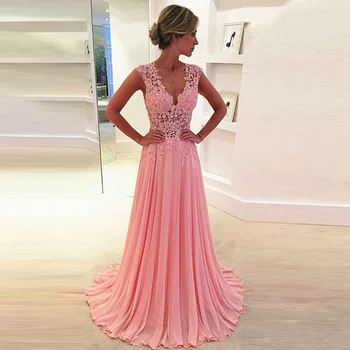 

Sexy See Through Lace Tops Long Prom Gown Vestido De Festa Pink Chiffon Deep V-Neck Formal Dress for Wedding Party