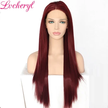 

Lvcheryl New Trendy Burgundy Color Long Straight Full Density Heat Resistant Natural Synthetic Lace Front Women Wigs Daily Wear
