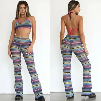 

Sexy Women Crochet Stripe Straps Backless Crop Tops Shorts Pants Bikini Cover Up Beach Stripe Bikini Shorts Bathing Outfit Set