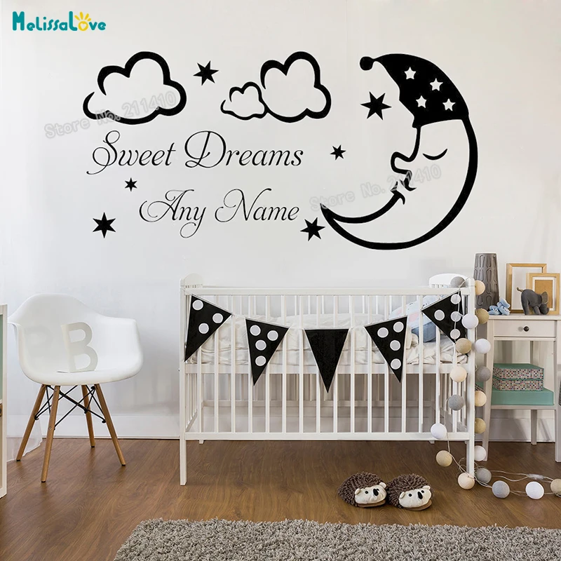 Custom Name Wall Sticker Moon Stars & Cloud Decals Home Decor For Kids