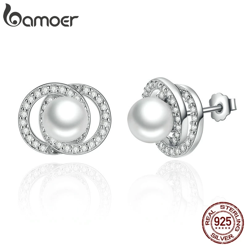 BAMOER элегантный 925 пробы серебристый белый жемчуг с пуш-ап серьги-гвоздики для женщин Свадебные модные ювелирные изделия SCE020