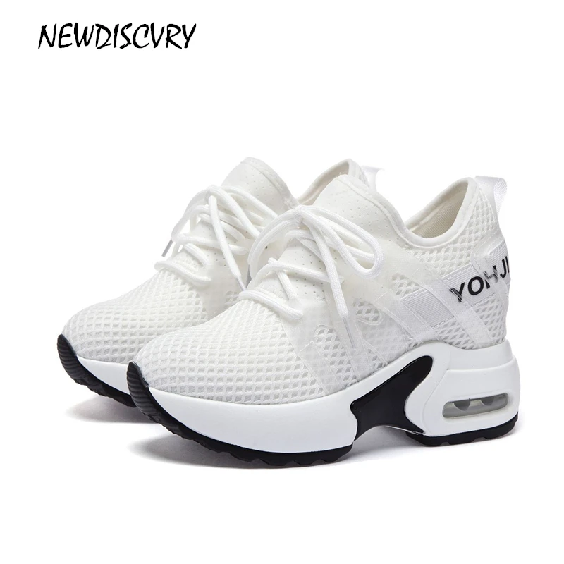 

NEWDISCVRY Mesh Height Increasing Women Sneakers 8 CM High Heel White Women's Platform Breathable Shoes Woman Casual Footwear