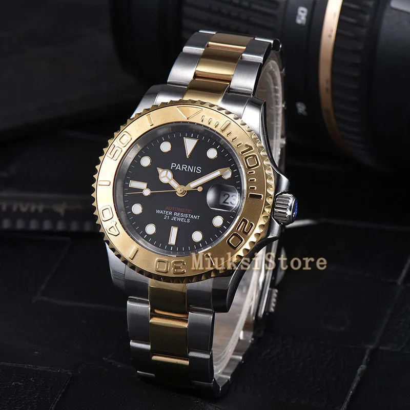 

Parnis man's mechanical watch 41mm sapphire glass black dial automatic date window waterproof Watch top gift