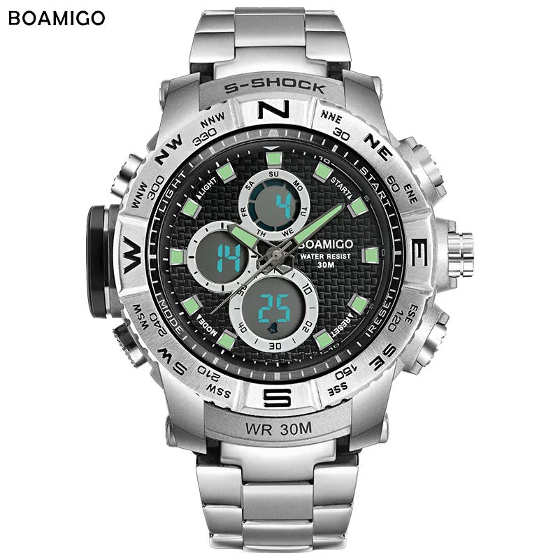 

mens stainless steel wristwatch digital quartz Multifunction sports watches 30m waterproof week calendar black white male clocks