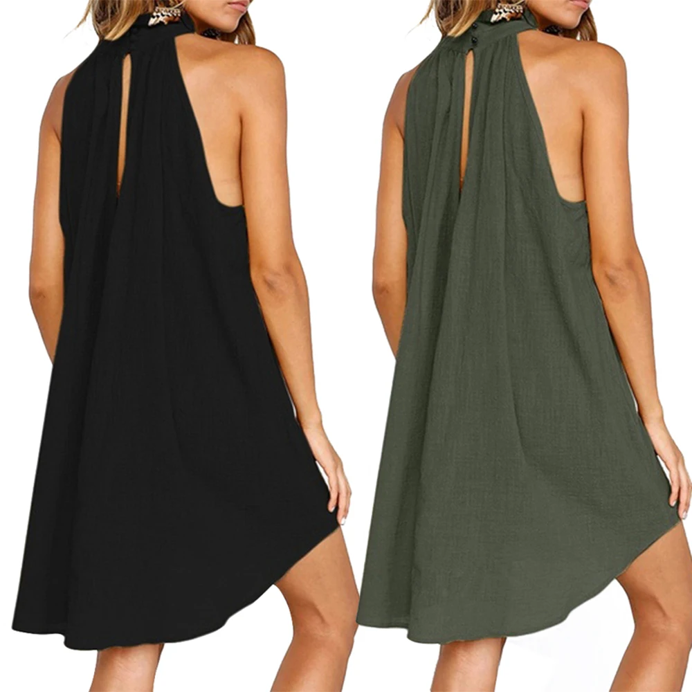 

Womens Summer Sleeveless Dress Vintage Boho Beach Cotton and Linen Irregular Holiday Plus Size lady Knee Length Korean Clothes