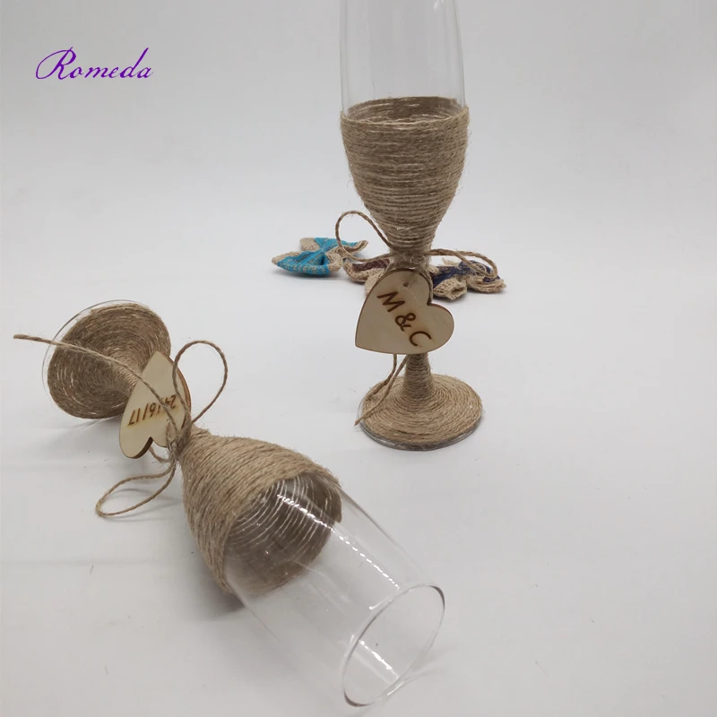 1 пара/лот Пользовательские Свадебные бокалы персонализированные джутовые свадебное шампанское тостов очки с деревянными сердце
