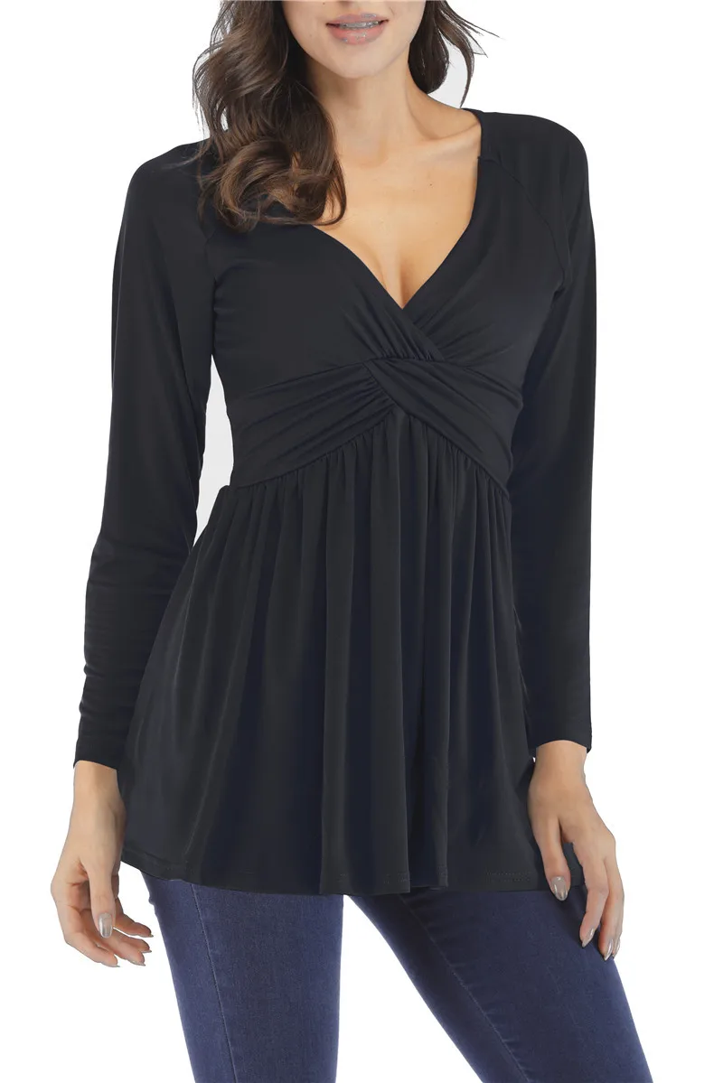 

Good Quality Autumn and Winter Long Sleeve Sexy V Neck Low Cut Cross Pleated Solid Color T Shirts Tops Casual Loose Tees Female
