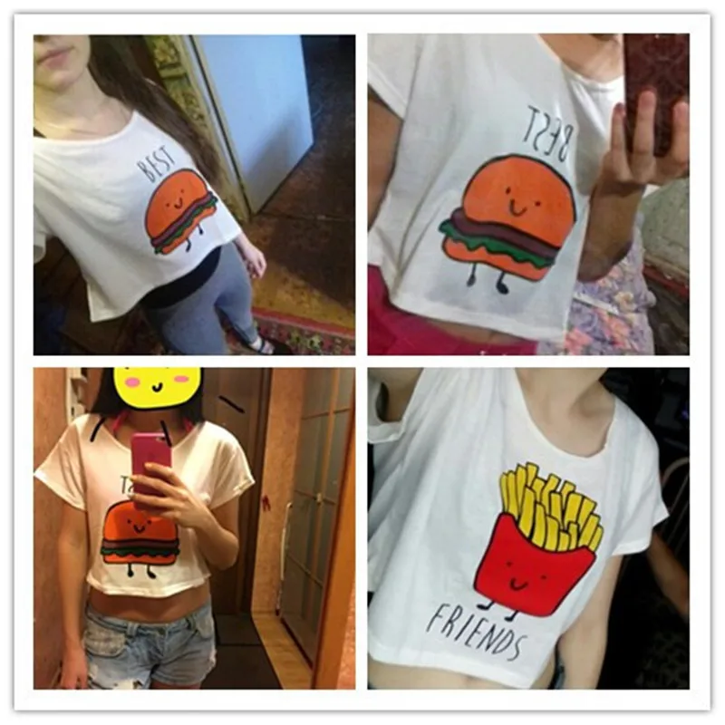 Женская футболка, новинка, хлопковая, с цифровым принтом "Лучшие друзья", взрывается пупок, короткая, с круглым вырезом, футболка, дешево, vestidos de festa T016