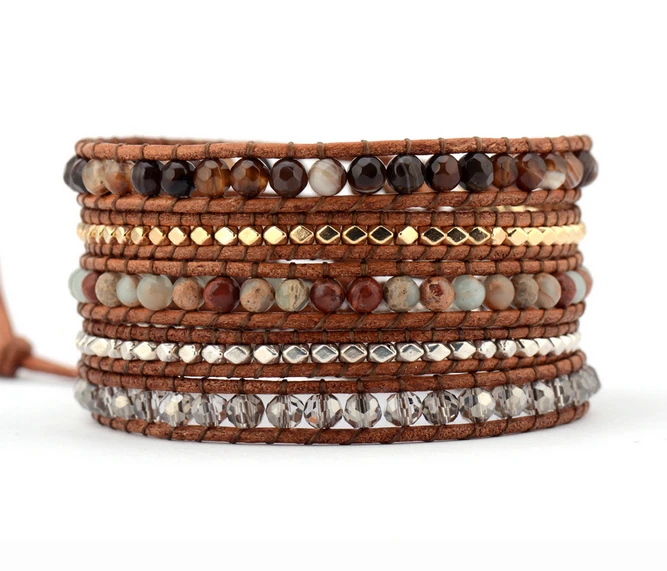 

Top Quality Mix Natural Stone Onyx Crystal 5 Layered Leather Wrap Bracelets Multilayer Weaving Beaded Bracelets Handmade