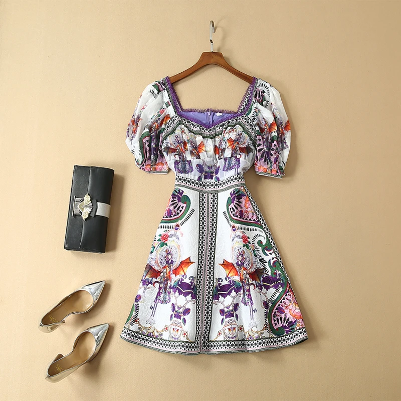 

HIGH QUALITY Newest 2019 Summer Runway Dress Women's Puff Sleeve Square Collar Retro Floral Print Dress