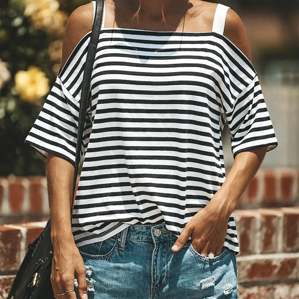 2018 fashion black white striped short sleeved summer tshirt plus size off shoulder women t