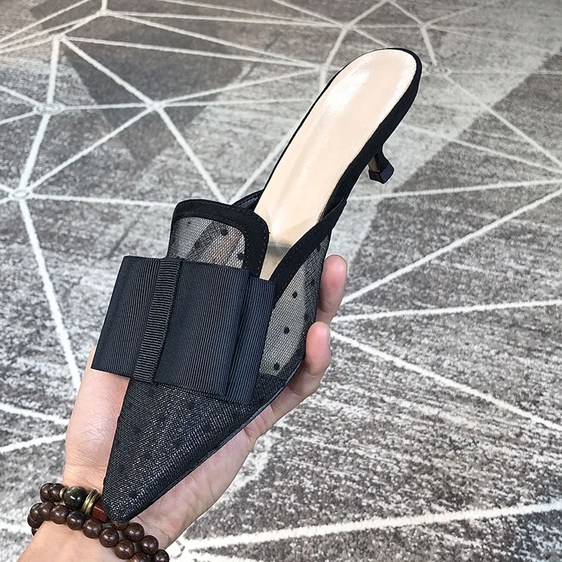 

Sexy Lace Woman Slipper Kitten Heel Chaussures Femme Bow Tie Embellish Tenis Feminino Women Shoes Pointed Toe Chic Shoes Woman