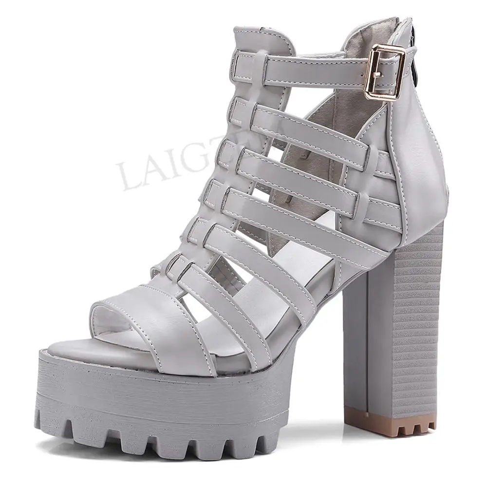 LAIGZEM FASHION Women Sandals Chunky Heels Sandals Straps Back Zipper Faux Leather Ladies Shoes Summer Woman Big Size 33-45 (10)