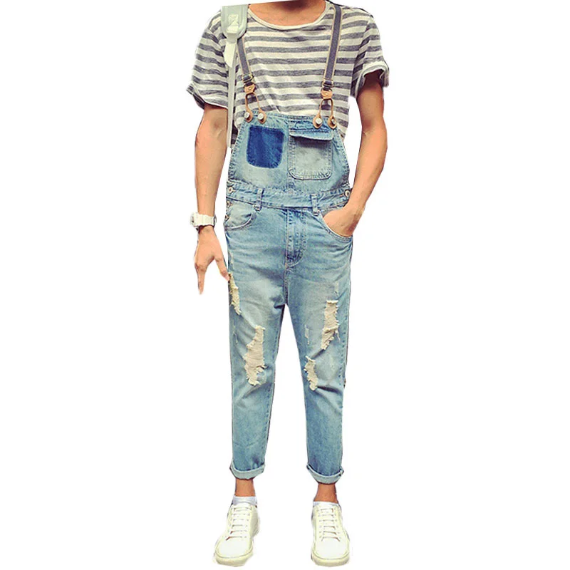 

2019 New Summer Korean version of the Denim Bib male tide Retro Hole Feet Nine Points Denim Siamese Suspenders Size S-XXL 3XL