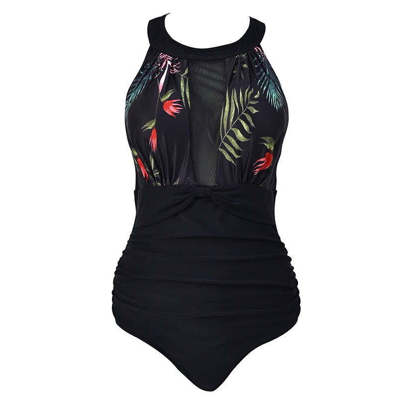 Women Plus Size Swimsuit Strapless Virage Neck Swimwear Female Lingerie Maillot One Piece Swimsuit Vintage Printed Bathing Suit