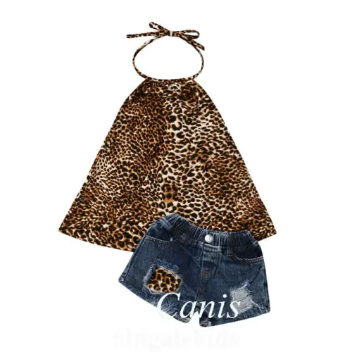 

1-6Years 2Pcs Newborn Kids Baby Girls Hanging Neck Tops Jeans Shorts Sunsuit Outfits Sets