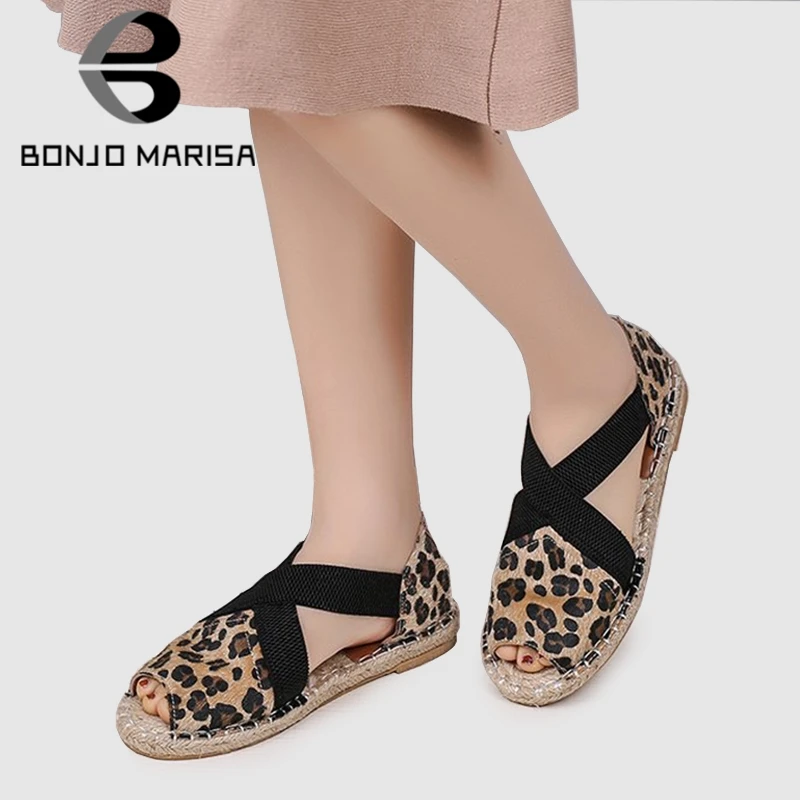 

BONJOMARISA 2019 New Western Fashion Leopard Flats Women Summer Casual Peep Toe Footwear slip-on Women Shoes Woman Low Heels