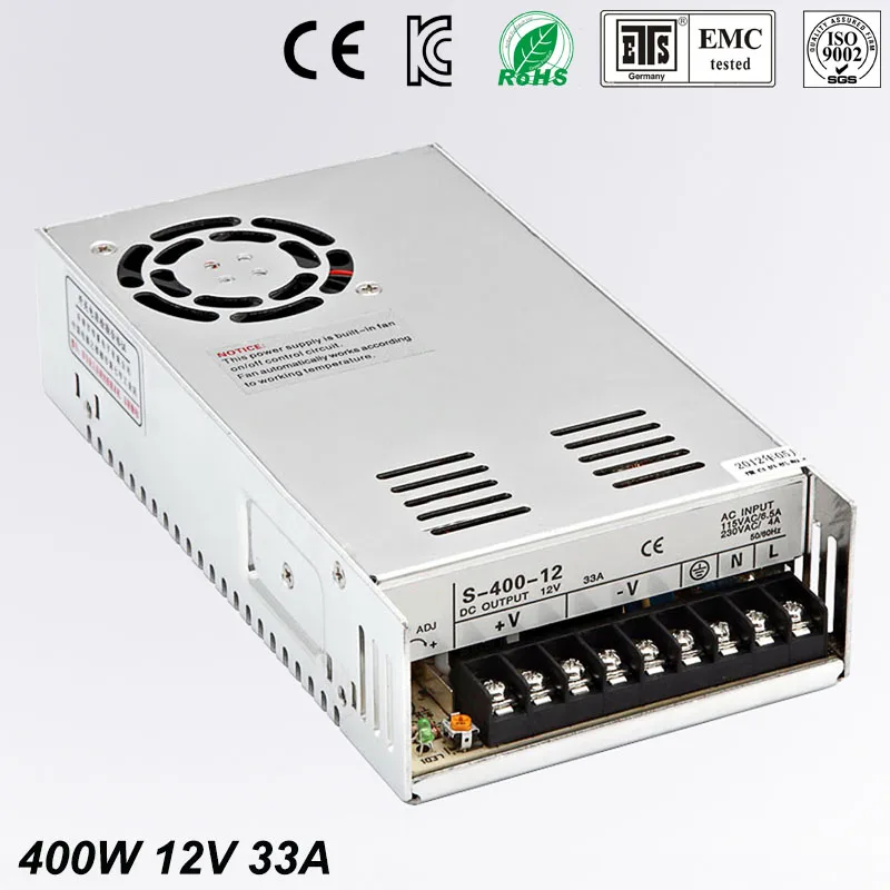 

Universal 12V 33A 400W Regulated Switching Power Supply Transformer100-240V AC to DC For LED Strip Light Lighting CNC CCTV MOTOR