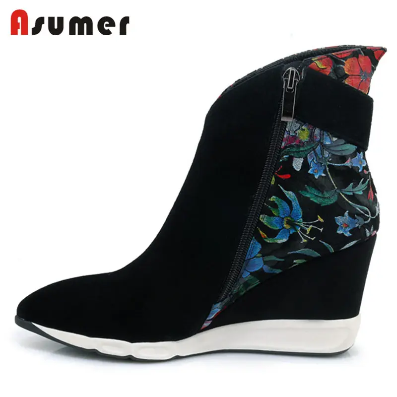 

ASUMER NEW 2020 fashion pointed toe zipper boots floral cow suede leather ankle boots women wedges spring autumn boots