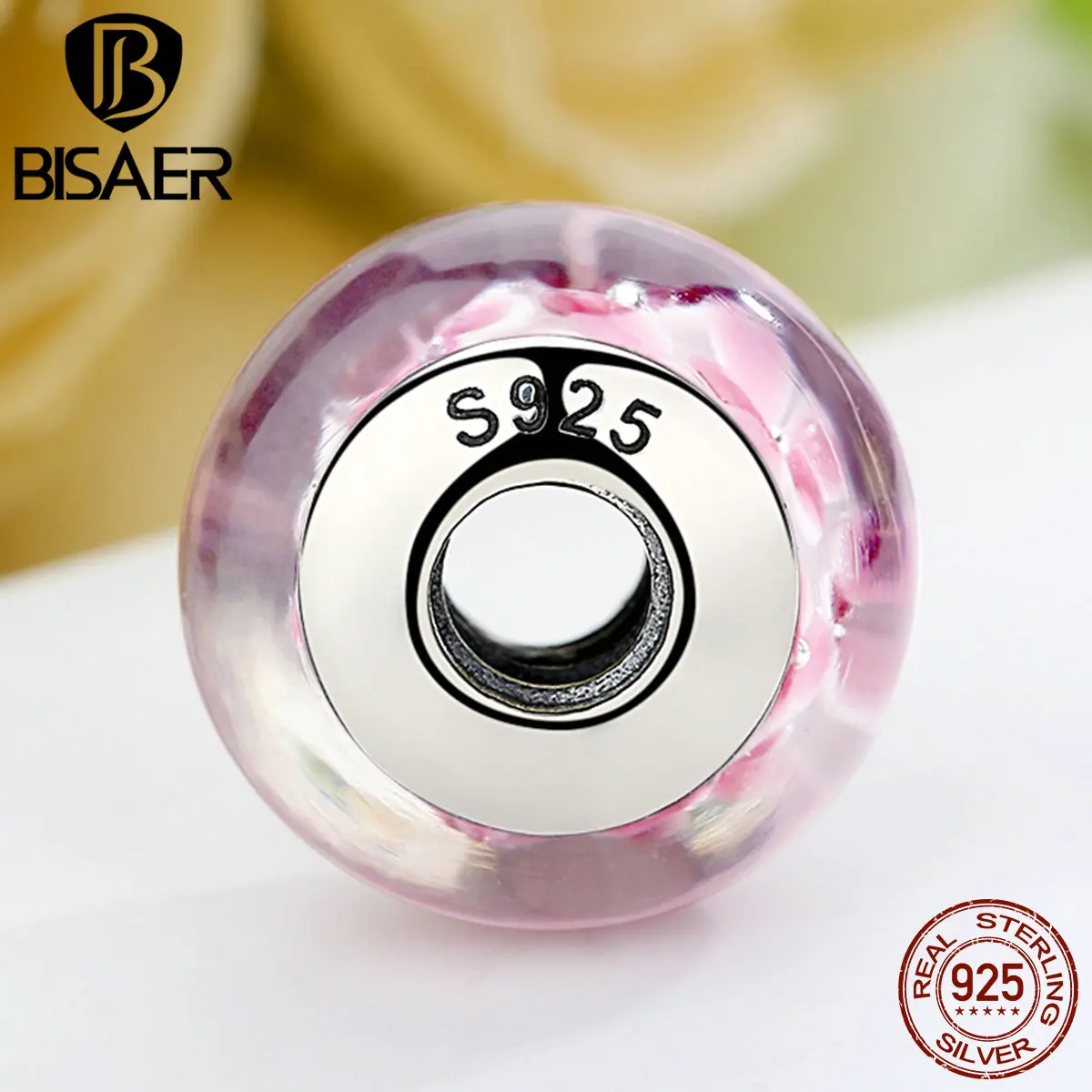 925 пробы серебро прекрасный розовый цветочный узор европейские стеклянные бусы, амулеты для девочек подходят BISAER браслеты и браслеты ECZ008