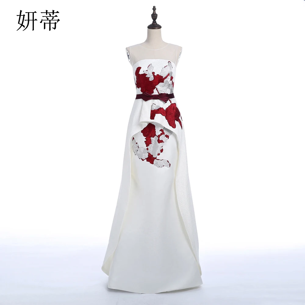 

Elegant Embroidery Flowers Stain Mermaid Evening Dress 2017 Vestido De Festa Scoop Neck Sleeveless Custom Made Prom Dresses Hot