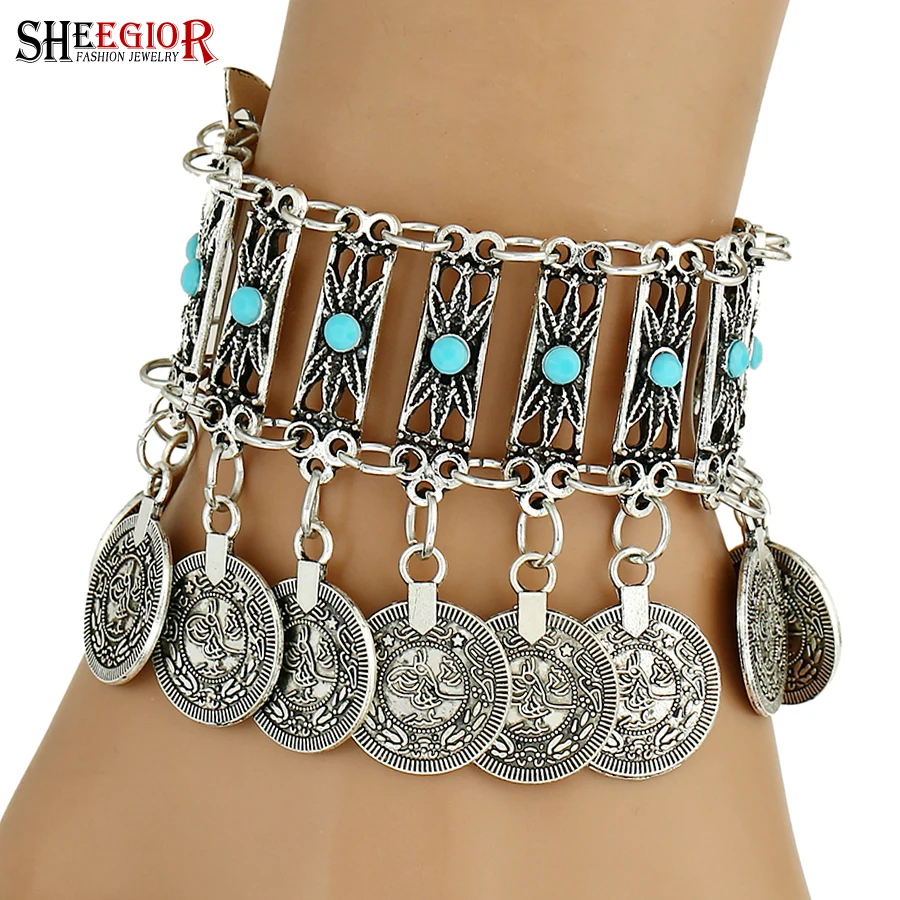 

Vintage Pattern Coin Bracelet Bts Accessories Handmade Turquoises Retro Silver Charm Bracelets Bangles for Women Fashion Jewelry