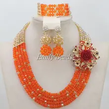 Модный Африканский комплект ювелирных изделий Оранжевый 5 рядов костюм нигерийские Свадебные хрустальные бусины комплект ювелирных изделий Новинка AIJ299