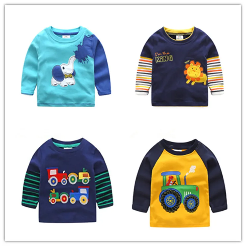 

new Spring Autumn For 2-8 Years Children Cotton Striped Patchwork Cartoon Cars Bus Trucks Baby Kids Boys Long Sleeve T-Shirts