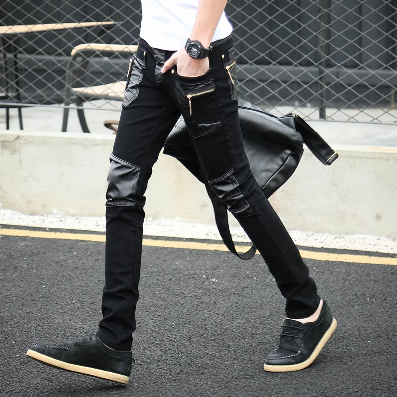 

Korean Cool Skinny leather jeans pants men with zipper Slim 28 29 30 31 32 Punk rock trousers