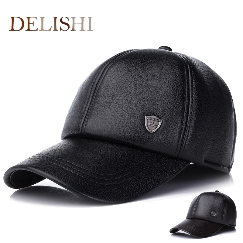 

New fashion autumn and winter thick warm baseball cap leather cap with ear men's all-match hat dad's cap