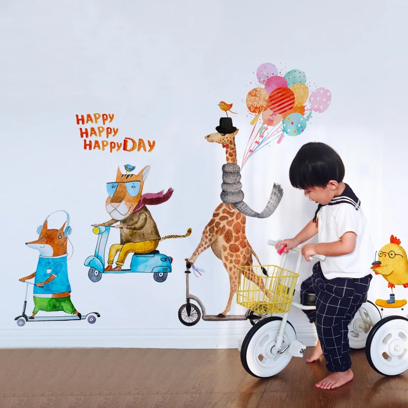 Cartoon Animal Family Giraffe Lion Fox Wall Stickers for Kids Room Wall Decoration Bedroom Children's Bedside Wallpaper