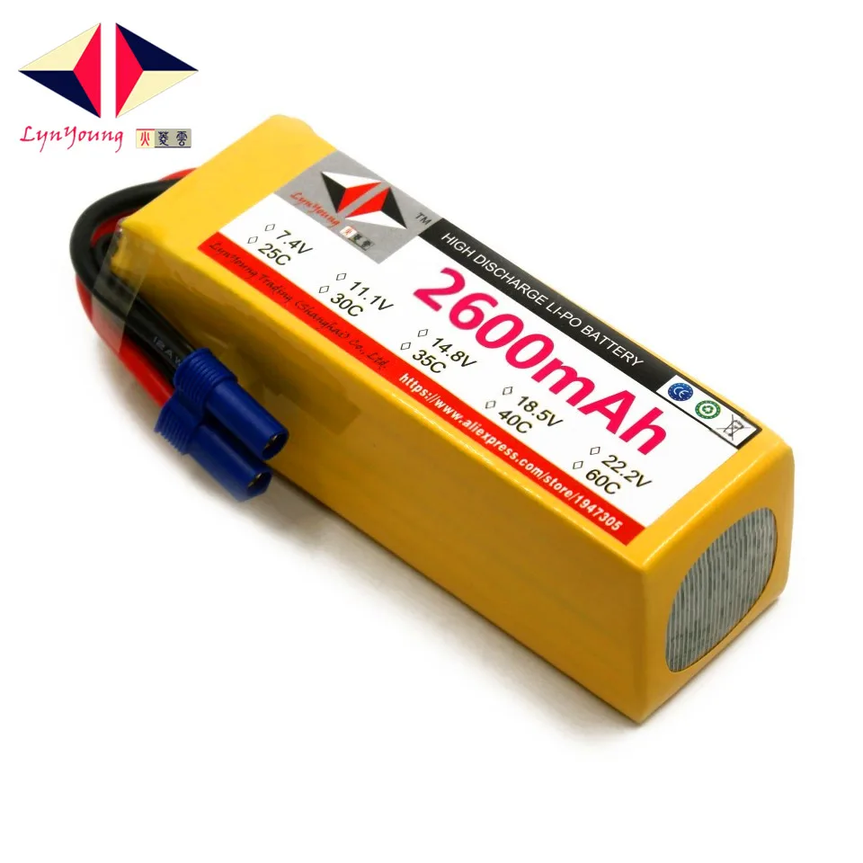 

LYNYOUNG 6s lipo battery 22.2v 2600mAh 30C-60C for RC car quadcopter drone helicopter toy