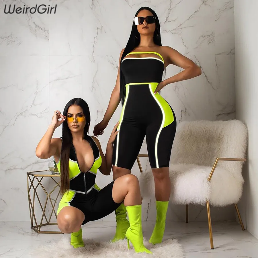 Weirdgirl women reflective striped playsuits neon green fitness patchwork sleeveless casual sportswear slim femme rompers new